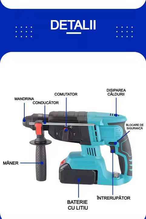 Mașină de Găurit Electrică AT PERFORMANCE® 1680W, 3500rpm, 2 Baterii 36V, 26mm, Fără Fir, Albastru – Putere și Precizie pentru Profesioniști și Bricolaj